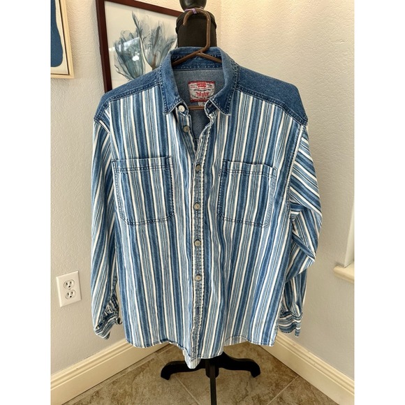 Levi's Striped Boys XL 20 Blue Denim Western Button Up Long Sleeve Pockets - Picture 8 of 11